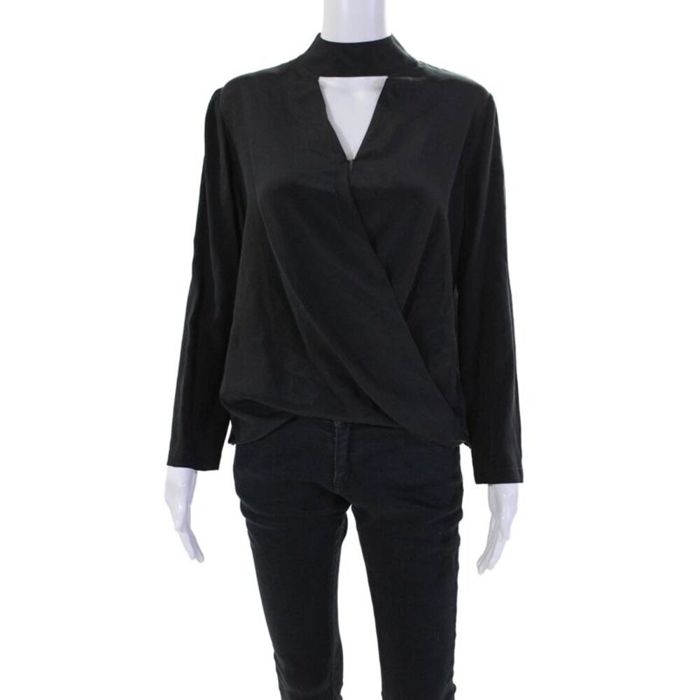 Emerson Thorpe Womens Back Zip Long Sleeve Keyhole Silk Top Black Extra Small